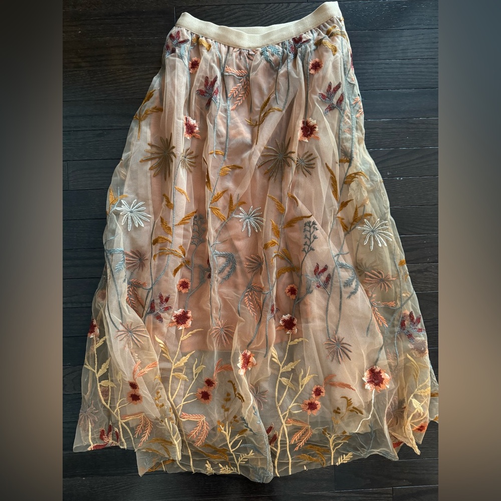 Chicwish Whimsical Flowers Embroidered Mesh Tulle Midi Skirt in Camel